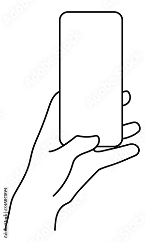 Hand holding a phone in vertical position. Blank screen smartphone for message or photo. Vector illustration in outline style.