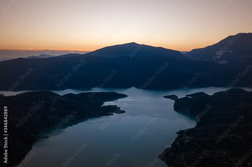 Sunset  landscape aerial view around river Kato Kalentini, Zygos area, Greece