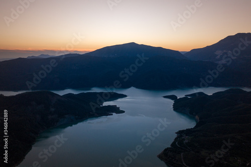 Sunset landscape aerial view around river Kato Kalentini, Zygos area, Greece