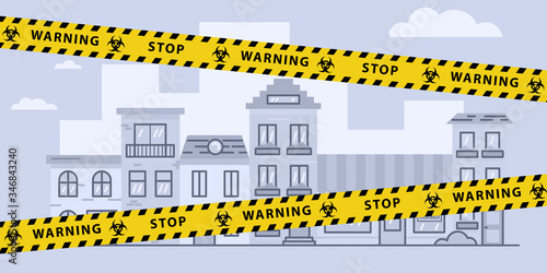 Virus lockdown barrier tape over city. Pandemic. Biohazard warning sign. Stock vector illustration in flat design.