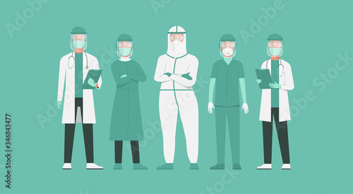 character of doctors and nurses wearing protective suits, goggle and face shield standing together to fight COVID-19, male and female medical characters set cartoon vector flat illustration