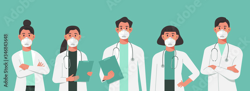 character of nurses and doctors wearing a n95 face mask and standing together to fight COVID-19, male and female medical characters set cartoon vector flat illustration