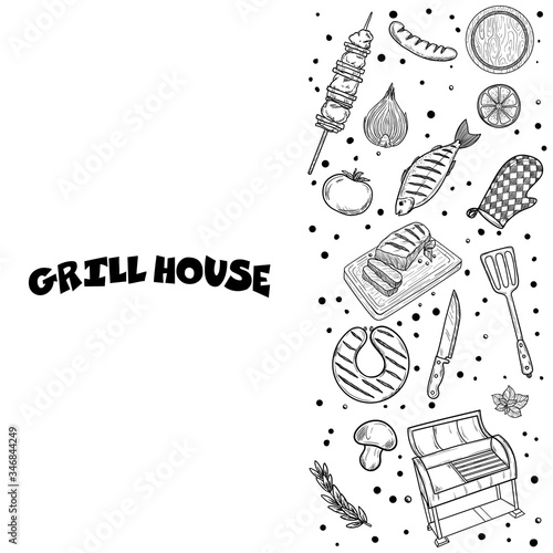 BBQ and grill menu with sketch objects isolated on white background. Hand drawn barbecue elements around text. Grill menu design template.