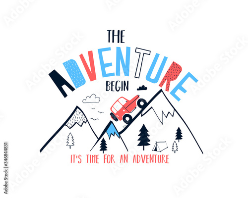 Trip car vector illustration for t-shirt design with slogan. Vector illustration design for fashion fabrics, textile graphics, prints.	
