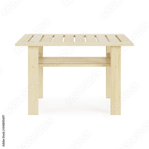 Garden, outdoor furniture isolated on white background. Wooden coffee table. Clipping path included. 3D rendering.