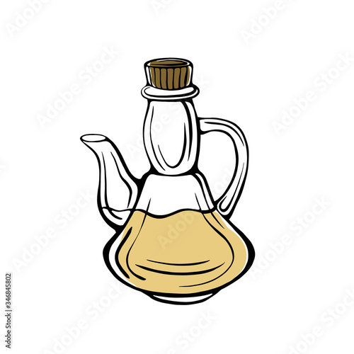 Hand-drawn olive oil bottle isolated on a white background. Extra virgin olive oil. Vintage style. Doodle style
