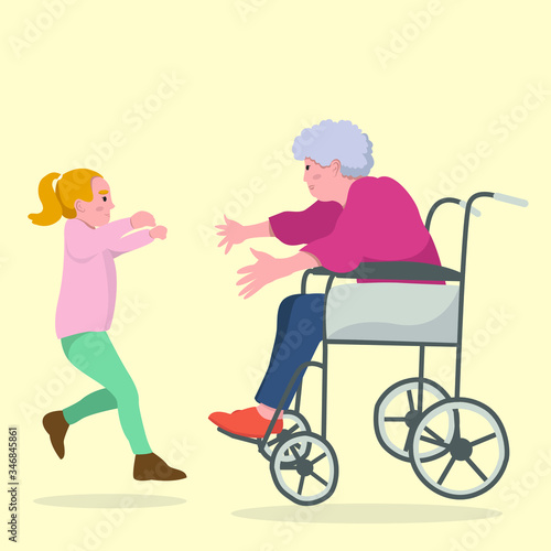 Loving granddaughter with her old disabled grandmother in a stroller, having fun and supporting her. Family support concept illustration. Vector.