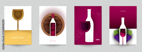 Collection colorful template cover for wine. Abstract art composition in modern geometric papercut style. Minialistic concept design for branding banner, flyer, book, menu, card. Vector illustration.