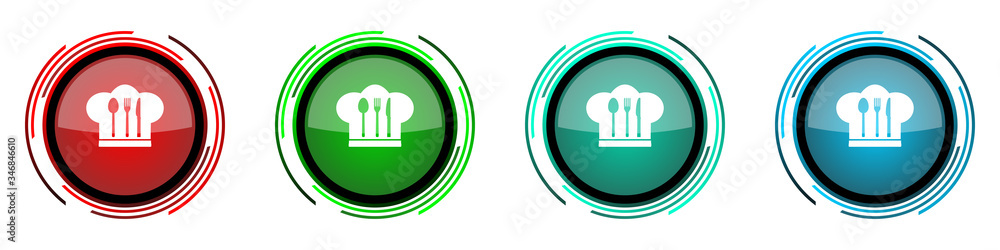 Chef hat round glossy vector icons, cook and kitchen set of buttons for webdesign, internet and mobile phone applications in four colors options isolated on white background Chef hat round glossy vector icons, cook and kitchen set of buttons for webdesign, internet and mobile phone applications in four colors options isolated on white background