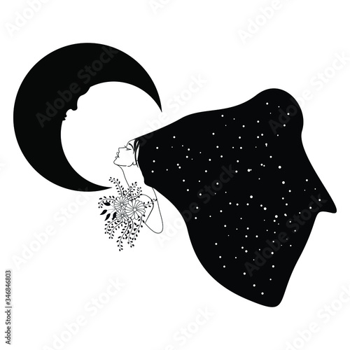 Silhouette of beautiful witch girl with crescent moon and stars in profile isolated hand drawn vector illustration. Flower and leaf art vector illustration. 