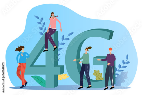People stand next to a large 4G symbol. the concept of 4G technology for Internet systems.Flat vector illustration.
