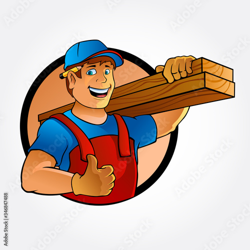 Carpenter Cartoon Illustration. Cartoon illustration of a handyman. Carpenter carrying planks of wood.