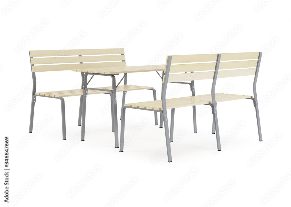 Garden, outdoor furniture isolated on white background. Wooden dining area. Clipping path included. 3D rendering. Garden, outdoor furniture isolated on white background. Wooden dining area. Clipping path included. 3D rendering.