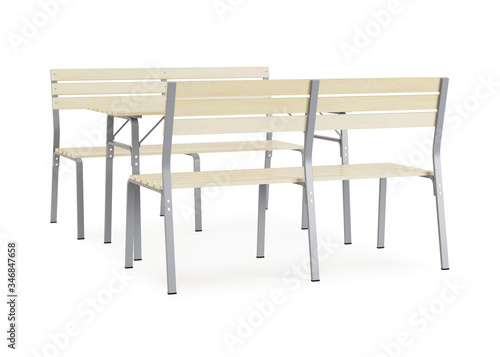Garden, outdoor furniture isolated on white background. Wooden dining area. Clipping path included. 3D rendering.