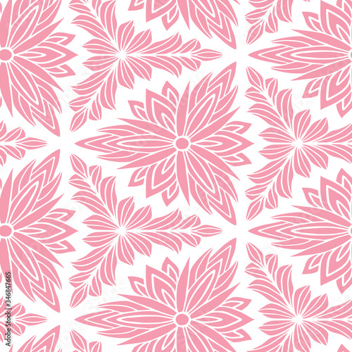 Vector ornamental pattern. Seamless background for fabric or wallpaper. Pink repeating pattern in block print style with floral ornaments. Linen design.