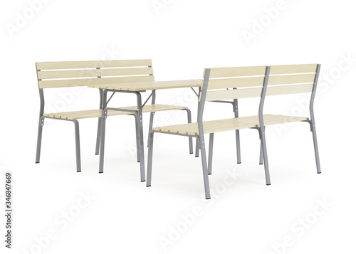 Garden  outdoor furniture isolated on white background. Wooden dining area. Clipping path included. 3D rendering.