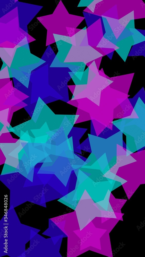 Multicolored translucent stars on a dark background. Vertical image orientation. 3D illustration Multicolored translucent stars on a dark background. Vertical image orientation. 3D illustration
