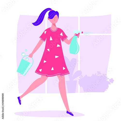 Girl washes window, holding  bucket and cleaning agent. Vector illustration in the flat design style.