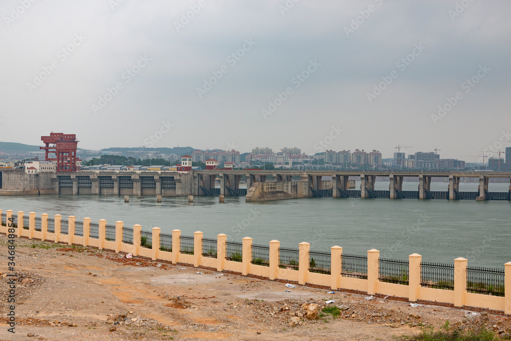 A dam and surrounding supporting buildings