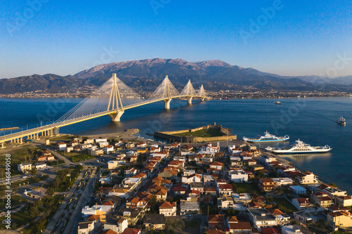 Картината върху платно Aerial drone photo of world famous cable suspension bridge of Rio - Antirio Hari