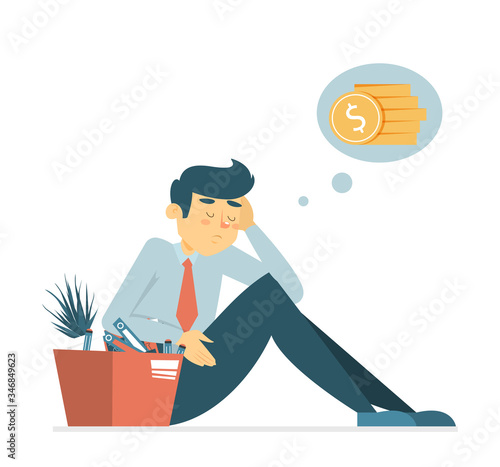 Sad unemployed man with a box. Global crisis