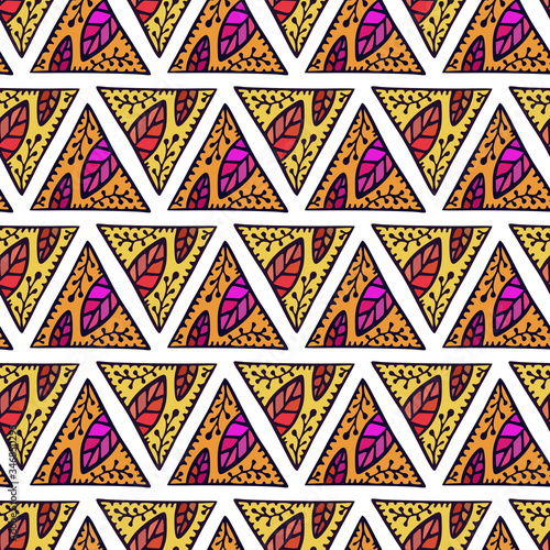 Ornamental triangled pattern with colorful leaves ornament. Seamless geomerical background. Folk ornament for textiles or tiles design.