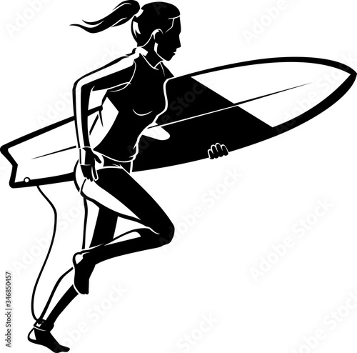 Woman Running with Surf Board in Shadowed Illustration