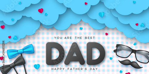 Happy Fathers Day typographic design with glasses, bow tie, mustache, paper cut clouds and hearts. 3d greeting text. Vector promotional template.