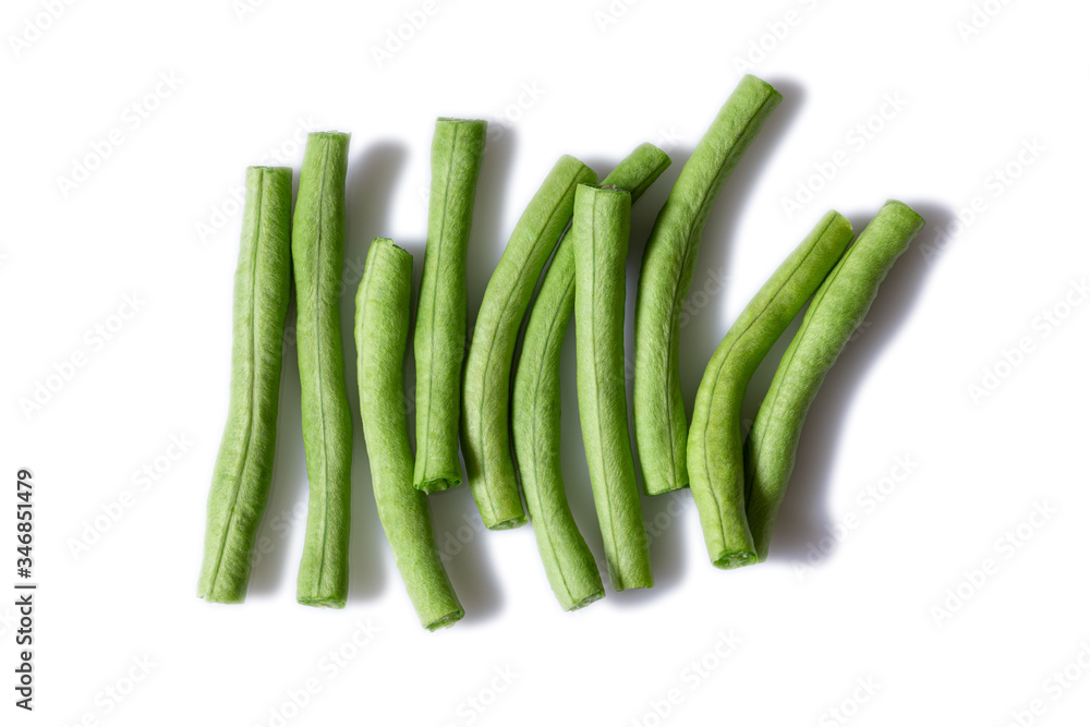 Top view of cut fresh green long beans or cowpeas isolated on white background. Healthy food. Macro & close-up. Top view of cut fresh green long beans or cowpeas isolated on white background. Healthy food. Macro & close-up.