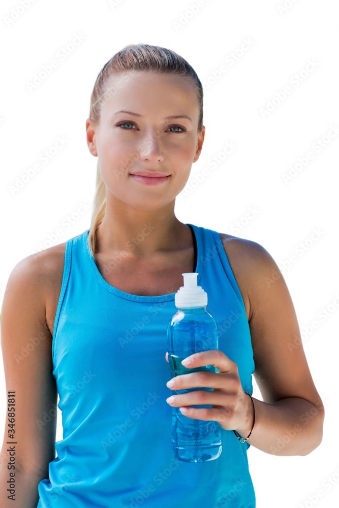 Cutout of young attractive woman drinking energy drink in park Cutout of young attractive woman drinking energy drink in park