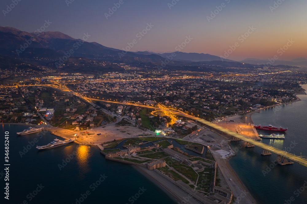 Patra, by night, beautiful aerial capture from downtown. Night cityscape aerial view
