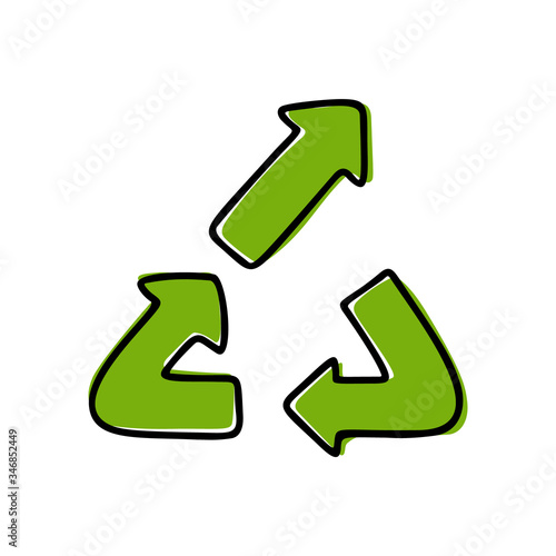 Upcycle icon. Upcycling sketch logo with green fill moved beyond outline. Hand drawn cartoon illustration for zero waste lifestyle. Emblem in doodle style. Isolated vector sign on white background