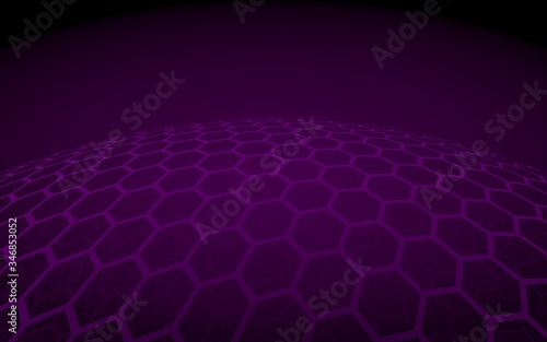 Multilayer sphere of honeycombs, purple on a dark background, social network, computer network, technology, global network. 3D illustration