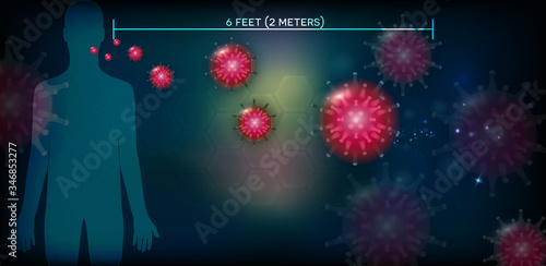 To protect yourself and others from virus, 2 meters (6 feet) is safe physical distance away from other people, abstract dark background, add your text if necessary