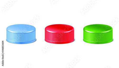 collection of red, green, blue plastic bottle caps in side view.  Mockup with pet screw lids for water, beer, cider of soda. Isolated icon illustration. 