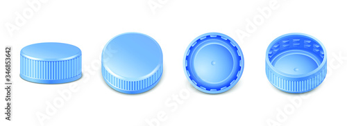 collection of blue plastic bottle caps in side, top and bottom view.  Mockup with pet screw lids for water, beer, cider of soda. Isolated icon illustration. 