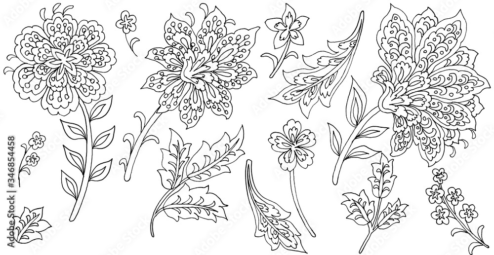 Hand-drawn flowers and leaves, Paisley Style, white background Hand-drawn flowers and leaves, Paisley Style, white background
