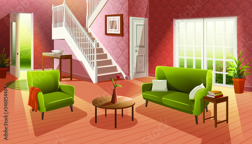 Vector interior cartoon style cozy living room with wooden floor and furniture, sofa, table and window to the garden.