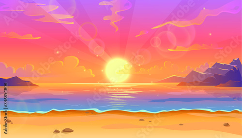 Vector cartoon illustration of ocean landscape in sunset or sunrise with beautiful pink sky and sun reflection over the water.  Beautiful nature with beach. © Real Vector