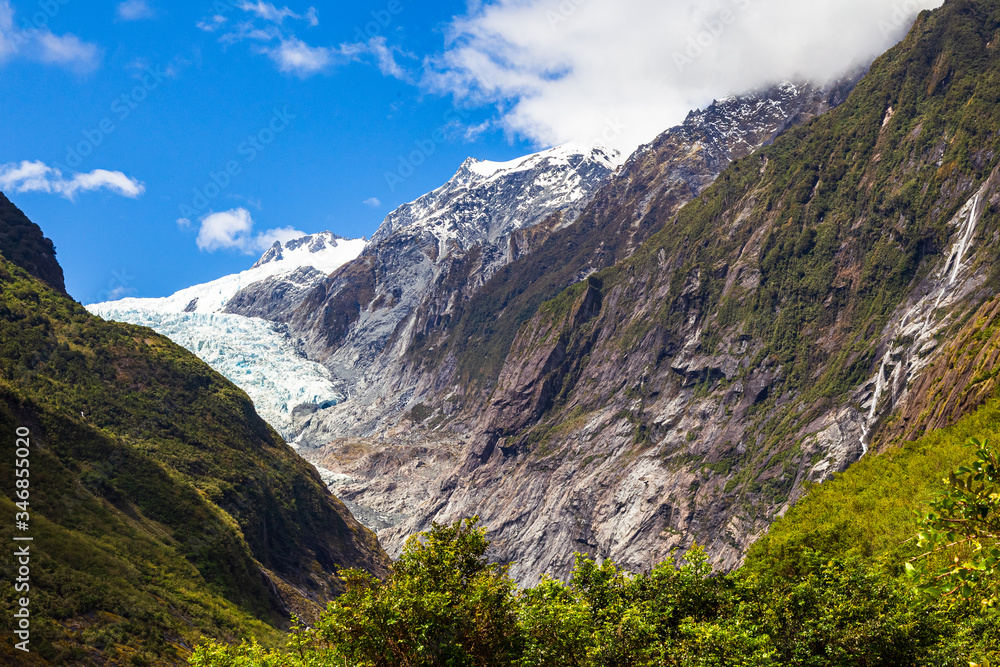 Panorama of mountains. Franz Joseph Glacier valley. South Island, New Zealand