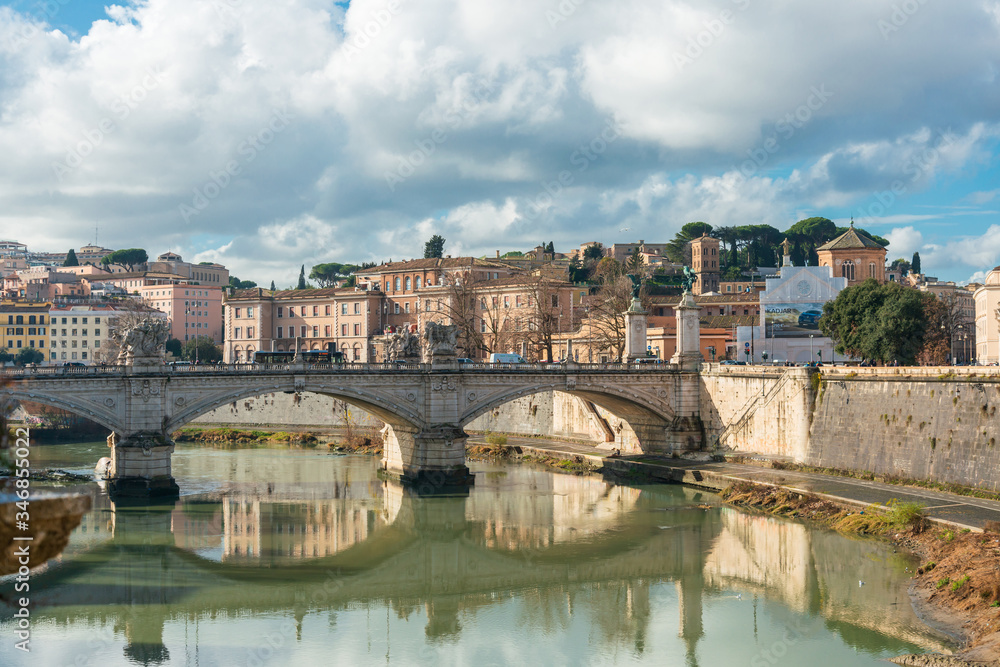 ROME, ITALY - January 17, 2019: Aelian Bridge or Pons Aelius ( Roman bridge ) in Rome, ITALY ROME, ITALY - January 17, 2019: Aelian Bridge or Pons Aelius ( Roman bridge ) in Rome, ITALY