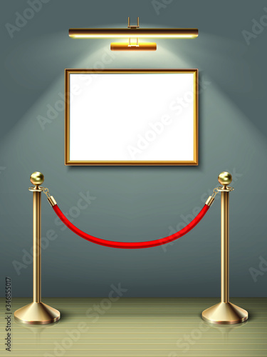 vector exhibition museum mock up painting on the wall in horizontal positioning with spot light and red barrier. Blank space for you design. Realistic wooden floor and sunlight.