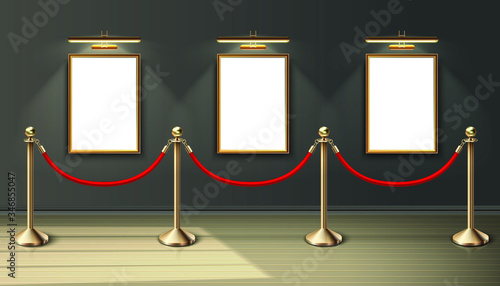vector exhibition museum mock up paintings in vertical positioning on the wall with spot light and red barrier. Blank space for you design. Realistic wooden floor and sunlight.