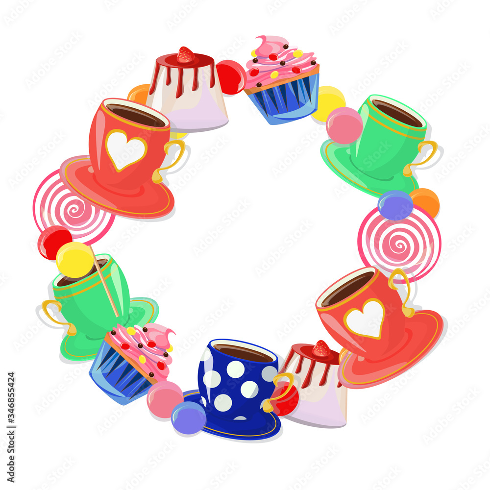 Obraz premium Cute frame made of tea cups and sweets including panna cotta, lollipops, dragees and cupcakes.