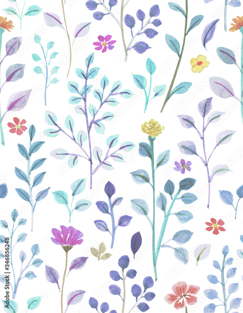 Watercolor Drawing Seamless Pattern, Flowers and Leaves