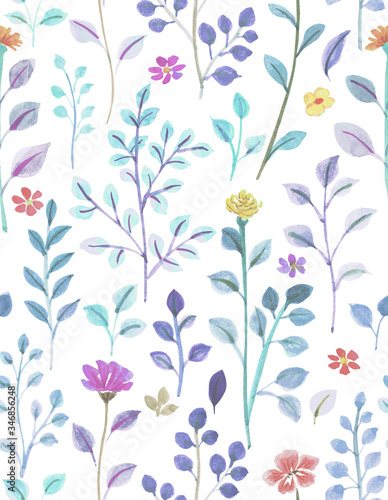 Watercolor Drawing Seamless Pattern  Flowers and Leaves