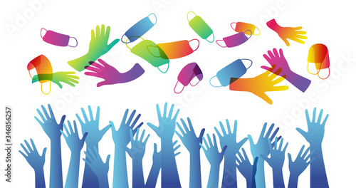 Quarantine is over. pandevic end. end the lockdown. coronavirus is finish. Hands up. multi-national group of people cheers with their hands raised in protective gloves throw up protective masks.