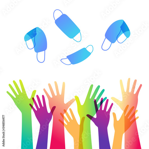 Quarantine is over. pandevic end. end the lockdown. coronavirus is finish. Hands up. multi-national group of people cheers with their hands raised in protective gloves throw up protective masks.