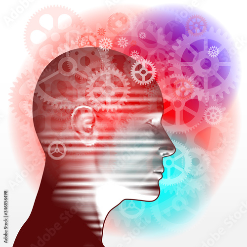 A left side adult profile with an overlaying pattern of semi-transparent "gear" details placed over their temple/brain region.