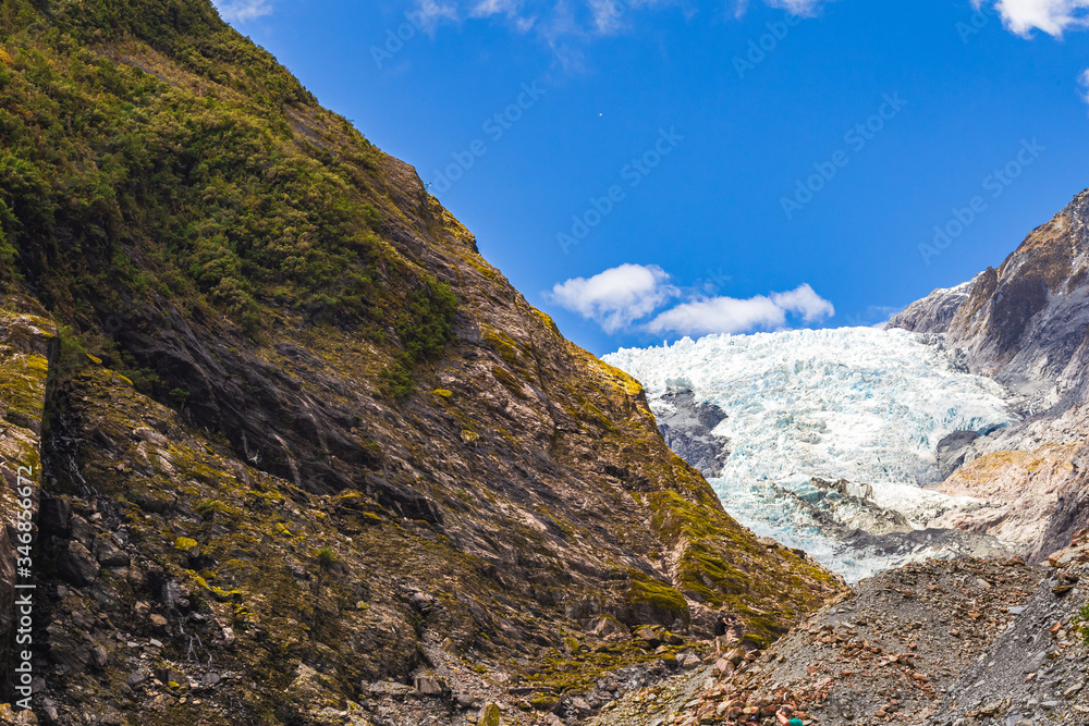 Panorama of Franz Joseph Glacier. Around the cliffs and ice.  South Island, New Zealand